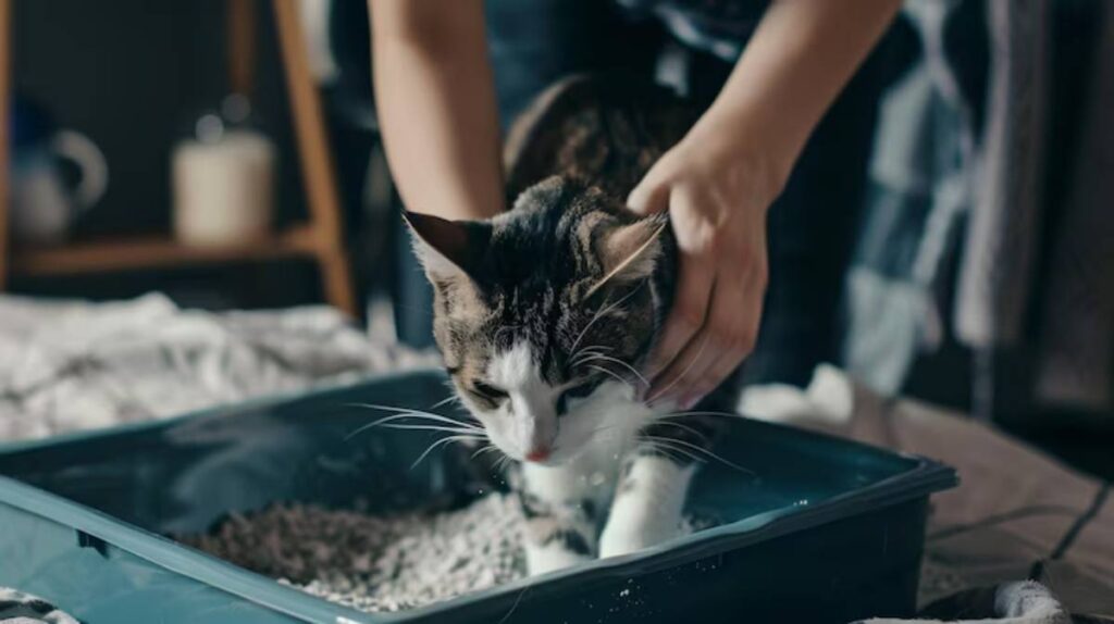 A person gently places a cat into a litter box, preparing it for use while surrounded by a cozy home environment.