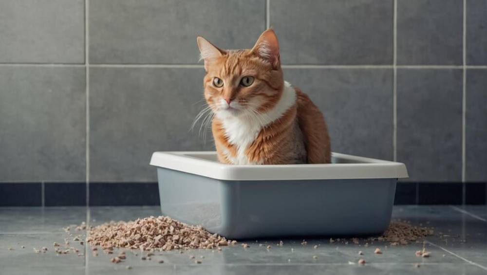 A cat sitting in a litter box, with litter scattered on the tiled floor around it, exuding a curious expression.