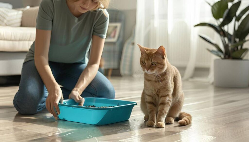 A woman cleaning a turquoise litter box while an orange cat curiously watches in a bright, cozy living room.