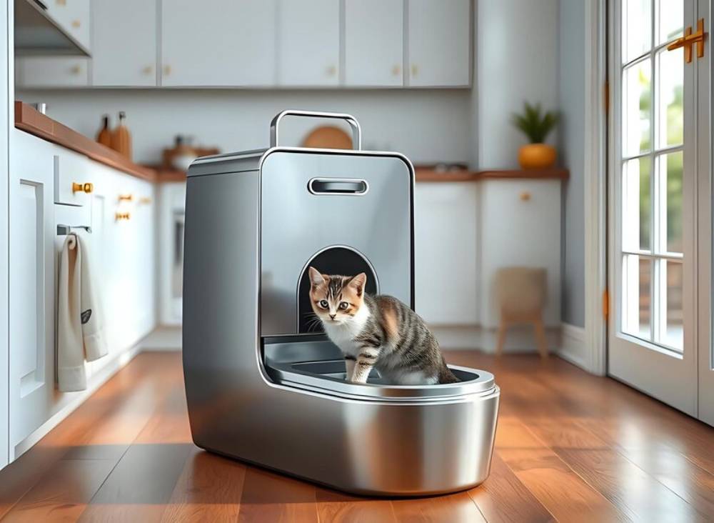 A curious tabby cat emerges from a modern silver litter box in a bright, stylish kitchen. Natural light floods the room.