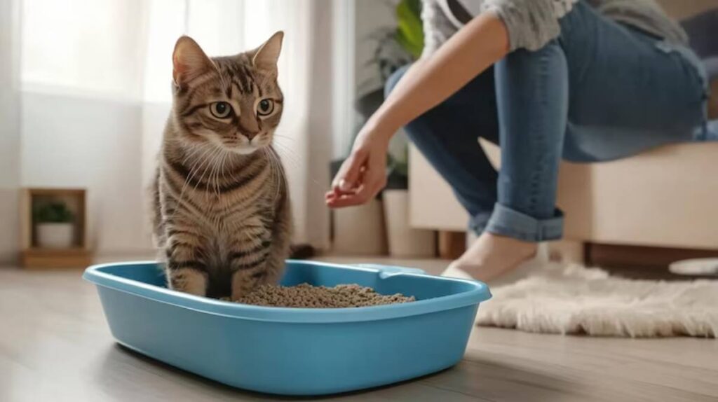 A striped cat stands in a blue litter box, while a person sits nearby, reaching out with their hand in a cozy living room.