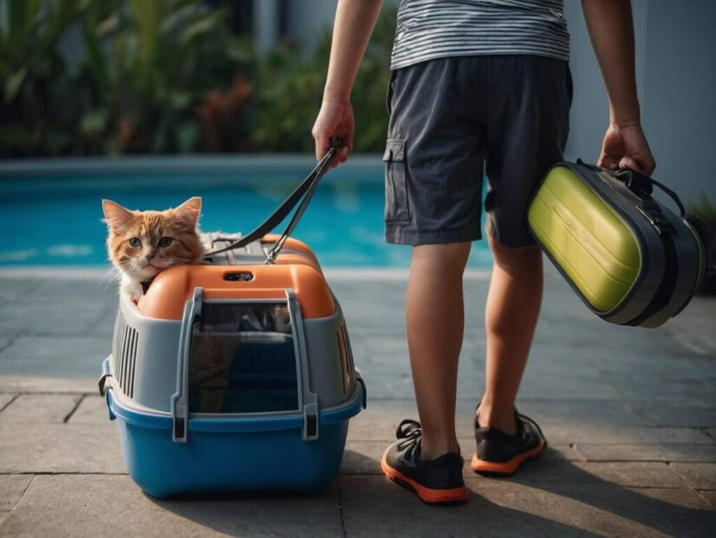 A person carries a cat in a pet carrier while holding a green bag, near a pool surrounded by greenery.