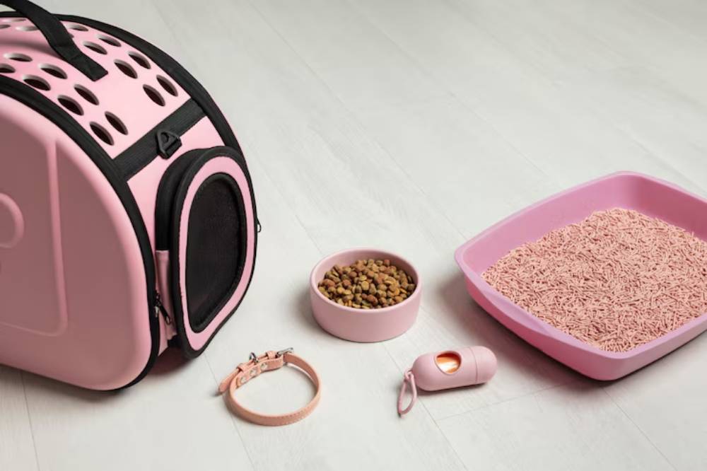 A pink pet carrier, food bowl with kibble, litter box, and collar sit on a light wooden floor, creating a cozy pet setup.