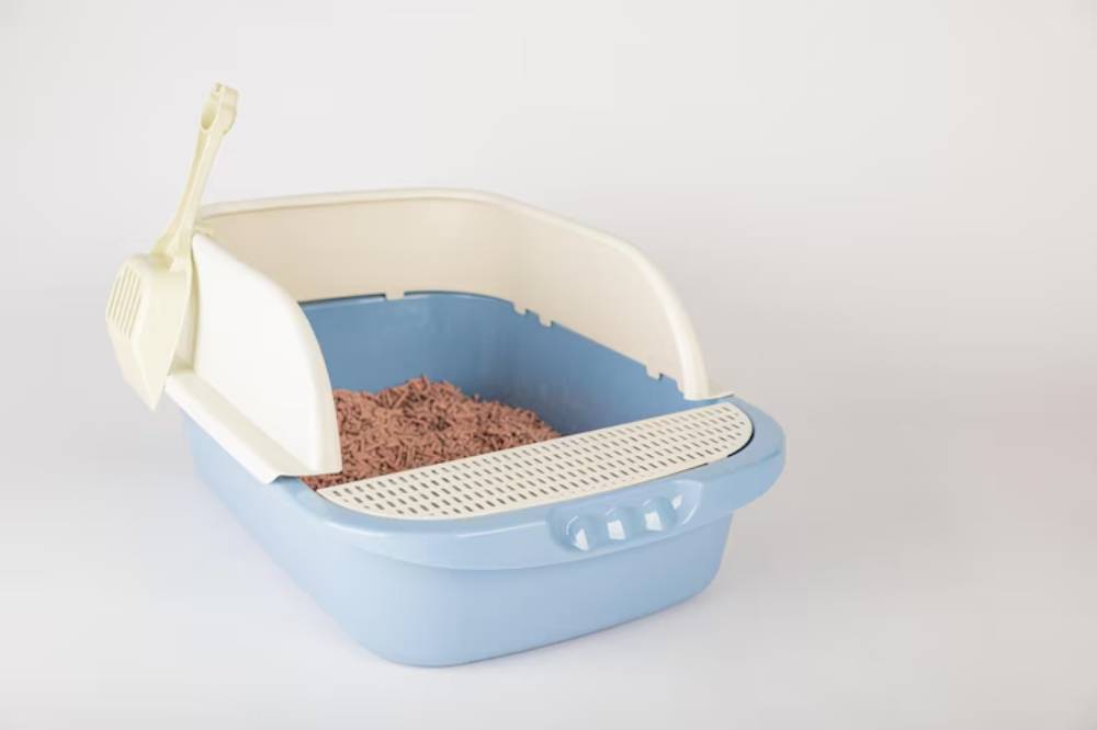 A blue cat litter box with a removable sifted top and a scoop, filled with light brown litter, set against a white background.