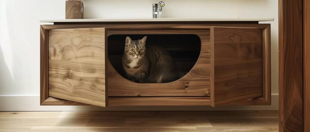 A curious gray tabby cat sits inside a stylish wooden litter box with a carved opening, while one door is open.