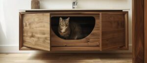 A curious gray tabby cat sits inside a stylish wooden litter box with a carved opening, while one door is open.