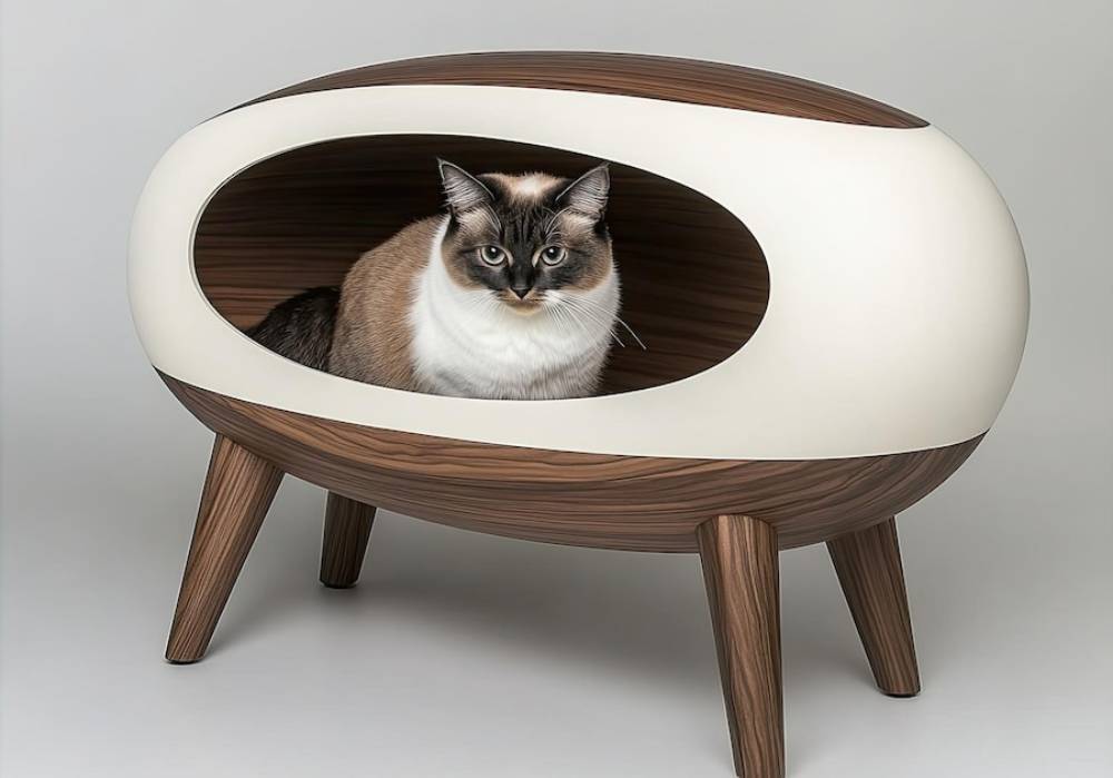 A stylish cat litter box with sleek design and wooden legs, featuring a cat peering out from its cozy, oval-shaped interior.