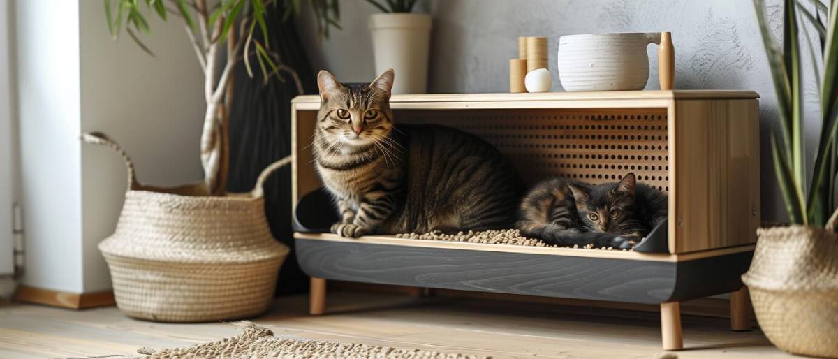 Two  cats sits in a stylish wooden cat litter-box, surrounded by plants and decor in a cozy, modern living room.