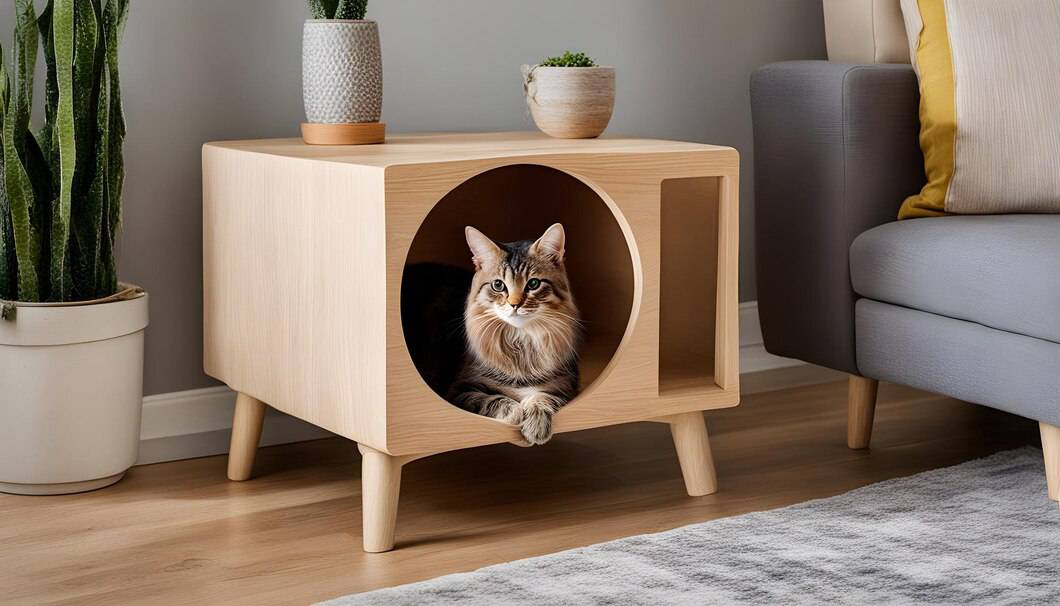 A fluffy cat lounges inside a modern wooden cat litter-box, beside potted plants and a cozy gray couch in a stylish living room.
