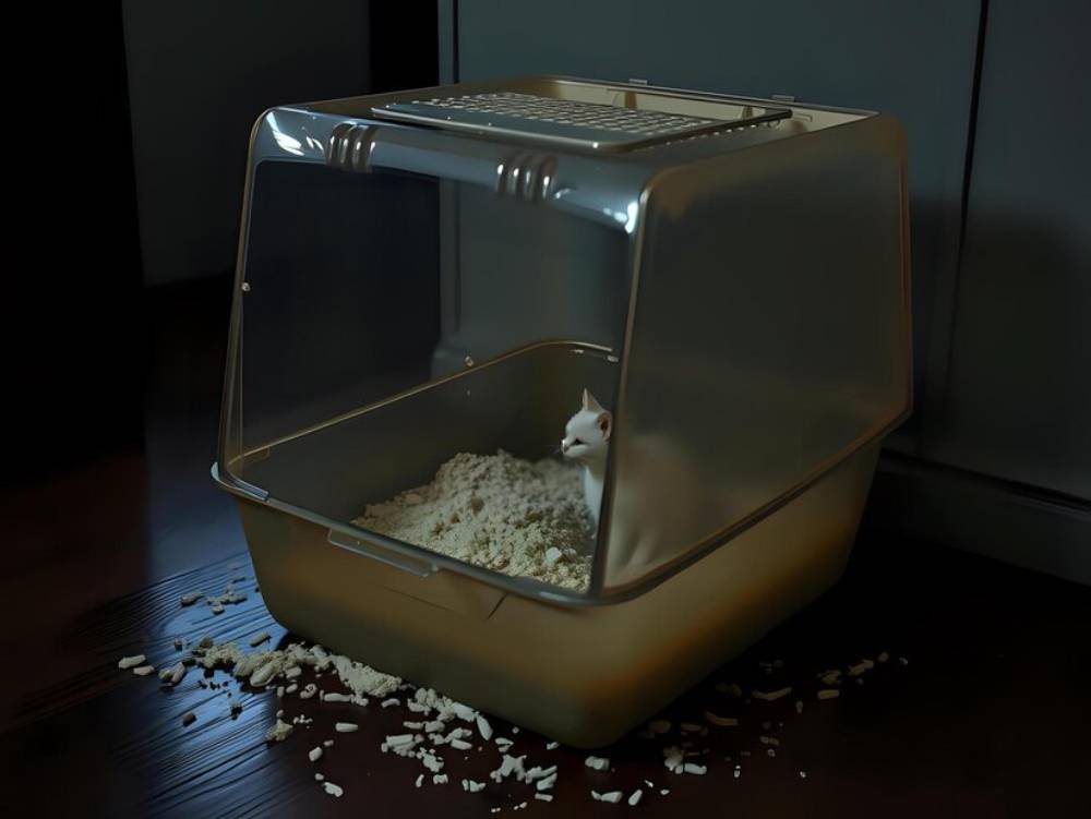A small white cat sits inside a beige litter box, surrounded by scattered litter on a dark wooden floor.