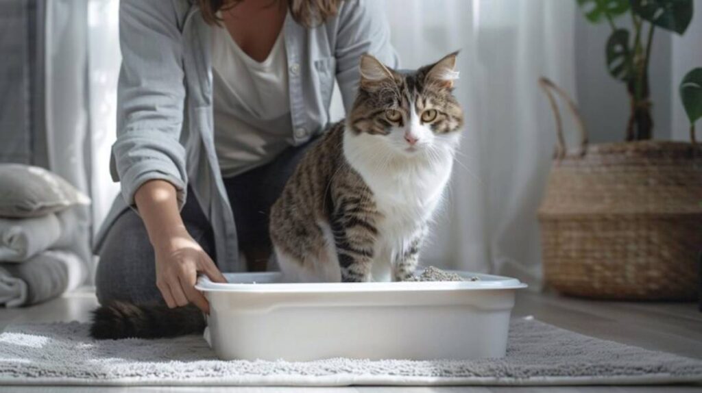 A person gently adjusts a litter box as their curious tabby cat looks up, surrounded by bright light and a cozy home setting.