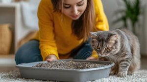 A gray cat curiously inspects a litter box while a person in a yellow sweater kneels nearby.