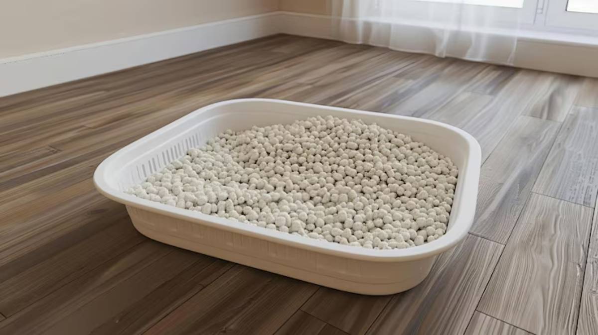 A white litter box filled with small, round white pellets, placed on a wooden floor in a bright, minimalist room.